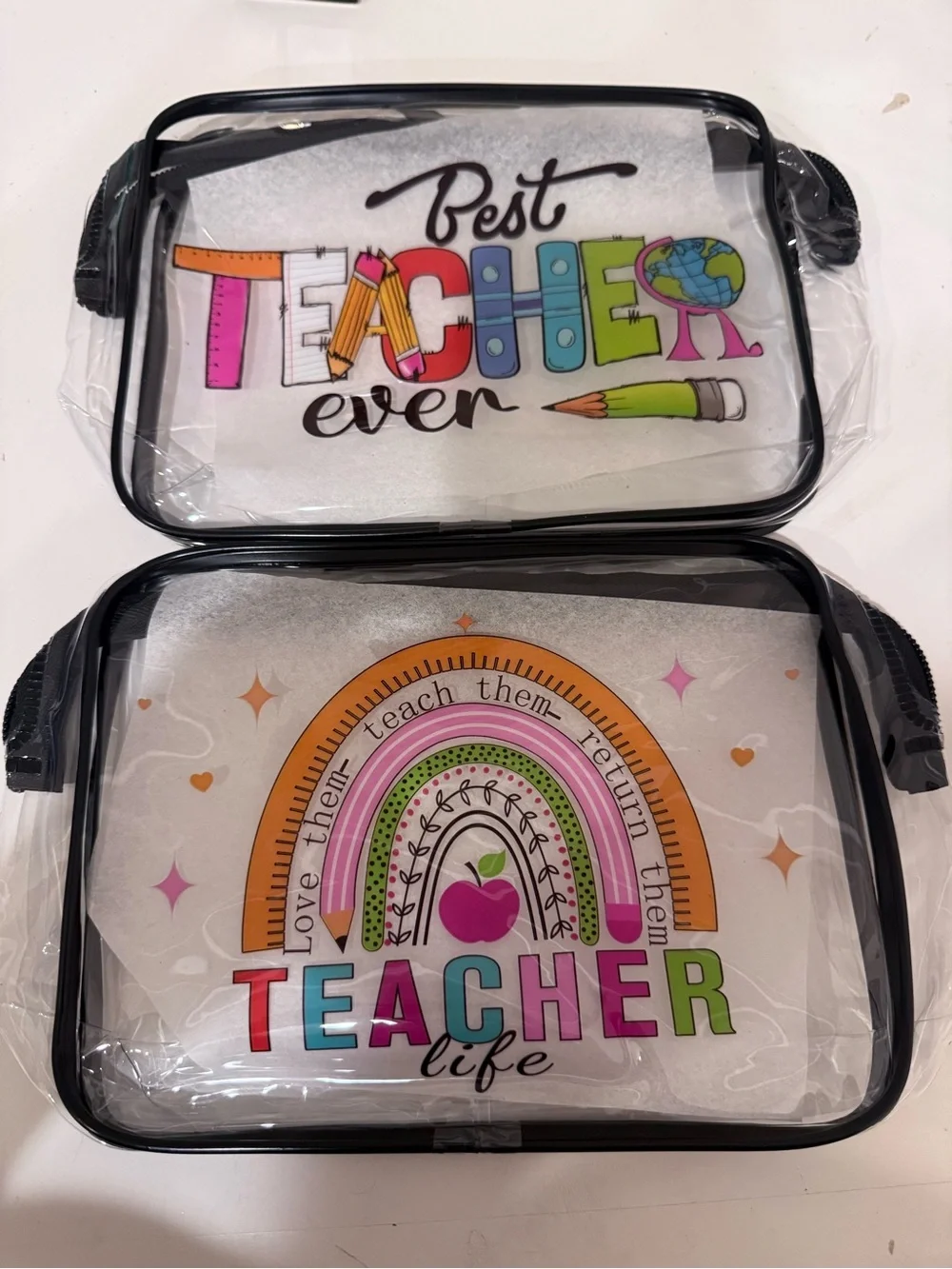 Clear Teacher Life Cosmetic Pouch with Colorful Rainbow Artwork